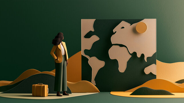 Travel specialist contemplating adventure with suitcase against abstract world map backdrop