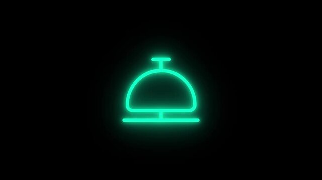 Neon glowing hotel service bell icon on dark background bright