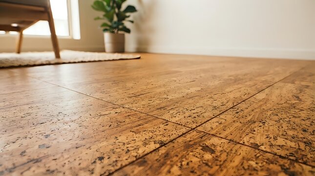 Cork flooring with natural wood grain pattern in modern interior