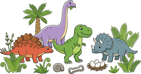 Cute Tyrannosaurus Dinosaur Cartoon Vector Illustration with Green Reptile Character, Funny Dino Monster, Baby T Rex, Fantasy Animal Drawing Isolated on White Background © Forhad