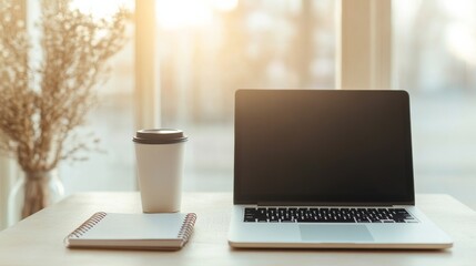 Fototapeta premium Flexible Creative Work Routine: Modern Cafe Table With Laptop Coffee Cup Notebook Soft Mornin