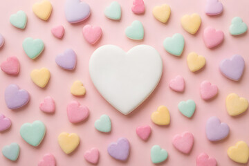 Fototapeta premium Big white heart candy surrounded by pastel hearts on pink background