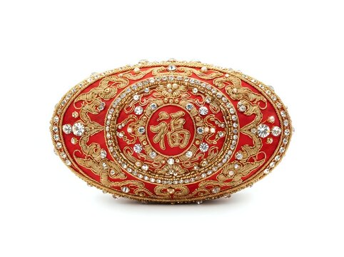 Red and gold ornamental oval box with intricate beaded