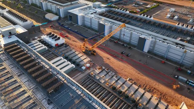 Drone Counterclockwise Orbit Around Construction Crane at Data Center Site