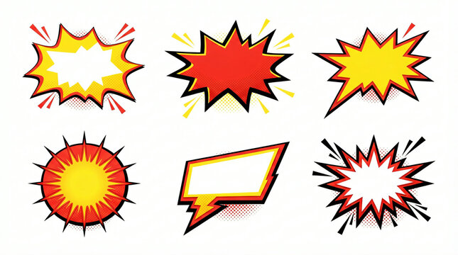 Collection of comic book style speech bubbles and explosion shapes