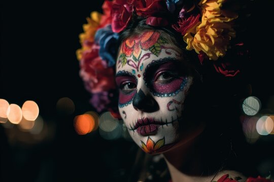 Young woman with a decorated skull face at night during a traditional celebration of the Day of the Dead
