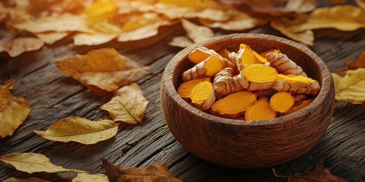 Top view of a bowl containing fresh turmeric roots on a wooden surface. Area available for text