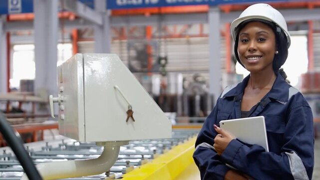 Professional female engineer in a safety helmet inspects industrial machinery and records quality control data on a tablet inside a modern manufacturing factory.