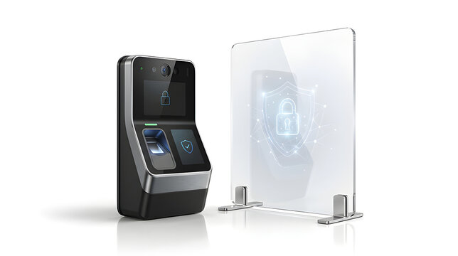 Modern Biometric Access Terminal 3D Render Fingerprint Reader Security Unit Holographic Shield Glass Screen Cyber Security Access Control Isolated White Background
