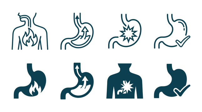 Heartburn acid reflux stomach pain symptom medical vector icons and treatment symbols with heartburn