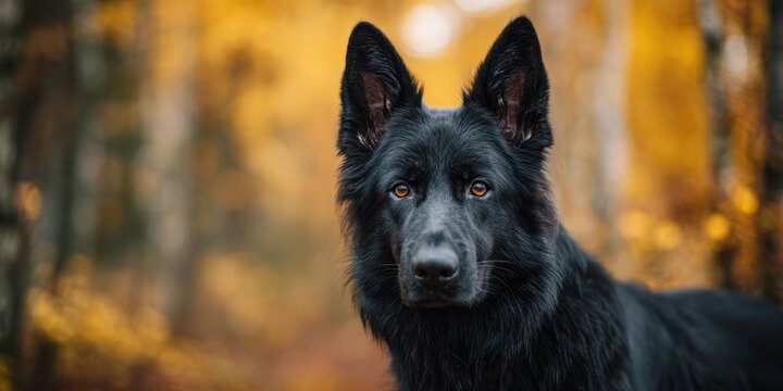 Curious black dog with pointed ears looks to the left, set against a softly blurred backdrop of greenery