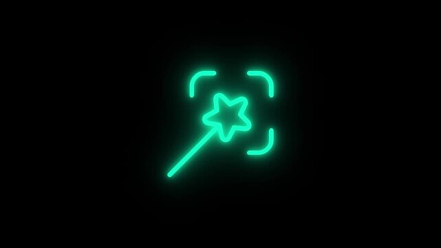 Neon glowing magic wand icon with star inside a frame on black background