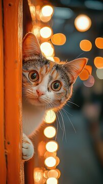 Inquisitive cat on steps, gazing curiously at an unseen object. The fluffy feline displays alert and cautious demeanor. Long-haired calico or torbie with a focused appearance