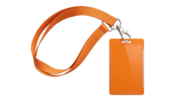 Orange lanyard with blank ID card holder, professional name tag mockup for corporate events, plastic badge with fabric neck strap isolated PNG with Transparent Background