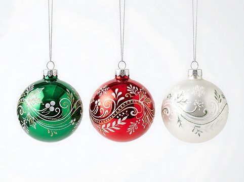 Three christmas baubles in green red and white hanging against a background