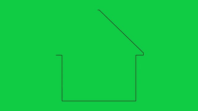 Minimalist home icon hand drawn with black line animation on green background representing housing.