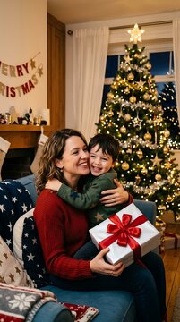 Mother and son hugging near christmas tree with gift box in living room