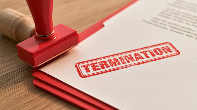A red rubber stamp marks a document as termination on a wooden desk. Ideal for human resources, legal layoffs, or contract business concepts.