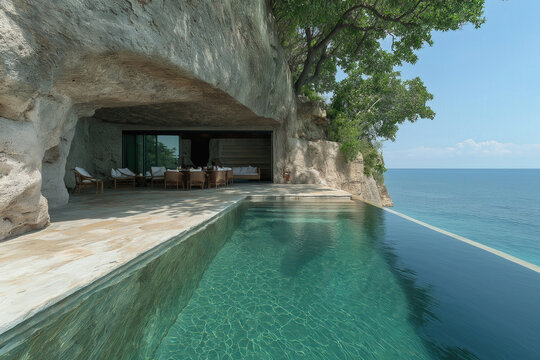 architecture by ai, cave house overlooking the sea, underground villa on top of a cliff, indoor infinity pool with green water, tropical vibe, lushy vegeteation, photorealistic