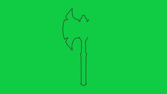 Animated battle axe line drawing on green screen background forming complete weapon silhouette clip.