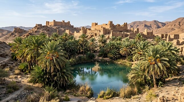 Desert oasis with palm trees and ancient mud brick ruins