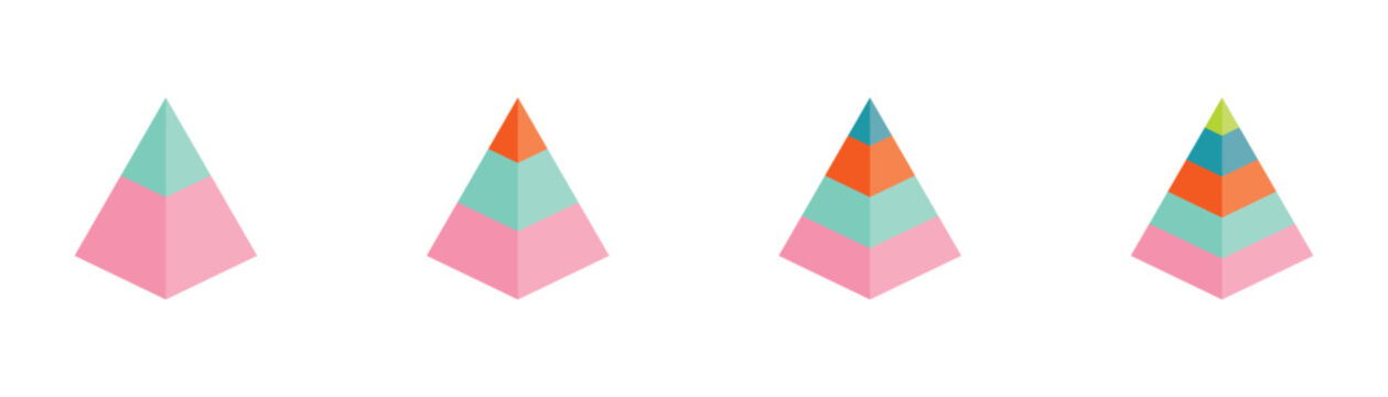 Maslow layer colorful triangle pyramid chart in 3D style. Triangle pyramid icon isolated on white background. Vector illustration.
