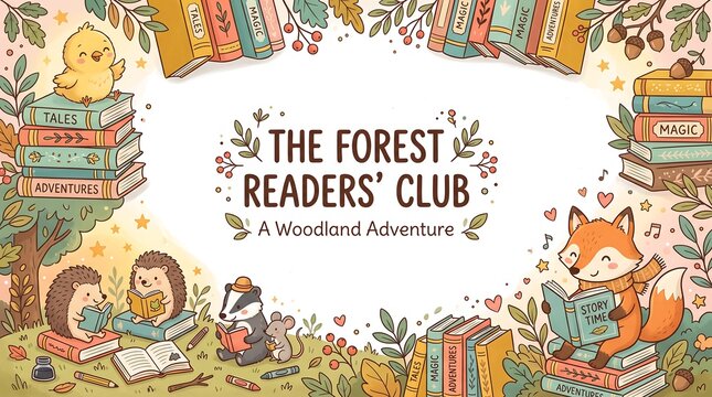 Cute woodland animals gather to read books together in a cozy forest setting featuring the text "The Forest Readers' Club: A Woodland Adventure."