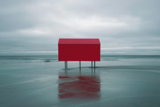 architecture by ai, red beach hut on stilts in the middle of empty beach, minimalist house, wet weather, gray ocean, photorealistic
