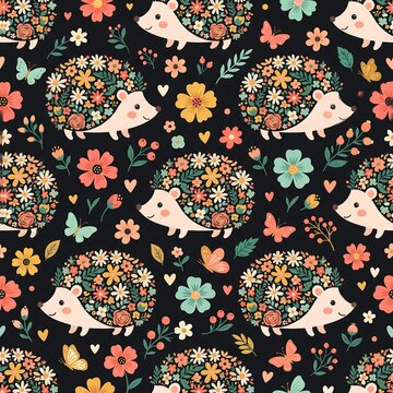 Adorable hedgehogs with colorful floral backs wander through a seamless pattern of blooming flowers, fluttering butterflies, and whimsical hearts set on a dark background.