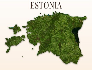 Estonia Shaded Relief Map. Hillshaded physical terrain map illustration. Light background with title. Illustration elements derived from NASA Imagery and NASADEM Global Elevation Model. © Eugene Ga