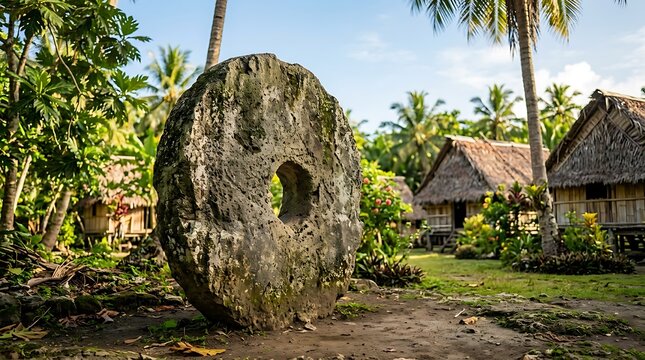 Ancient stone money disc in a tropical village setting