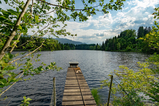 Schmaler Holzsteg f&uuml;hrt auf einen ruhigen Waldsee in den Alpen.