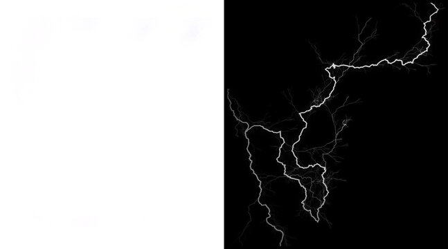 Electric lightning bolt strike on black background, white thunderbolt flash illustration, atmospheric storm weather effect for overlays