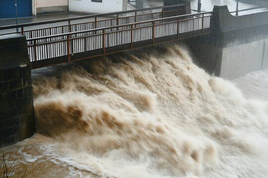cityscape under high water, flood in austria, small bridge in village, huge water, dam overflowed, photorealistic OeE