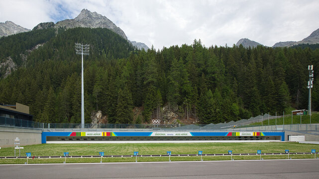 Italy, South Tyrol, Antholz - June 30, 2026: Shooting range of the Biathlon Sports Arena.