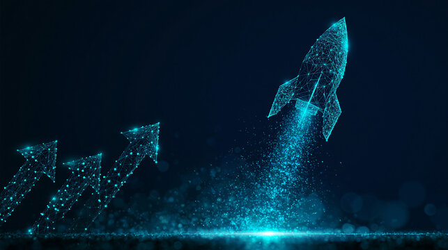 Glowing digital rocket launch with ascending arrows in a blue network environment. This graphic represents business growth, startup innovation, and technological advancement.