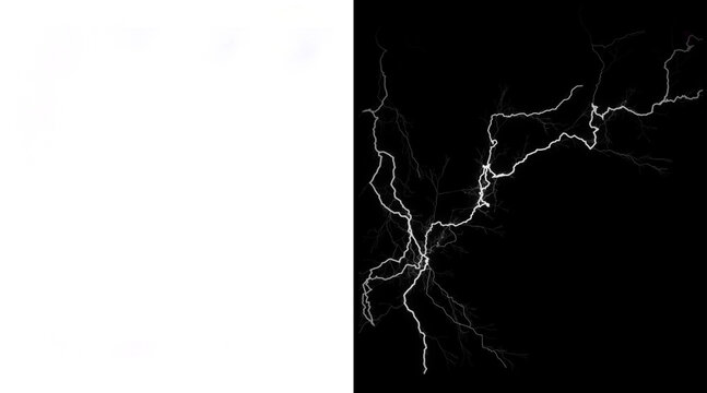 Abstract lightning bolt strike on black background, electric discharge illustration, white thunderbolt flash texture for overlays