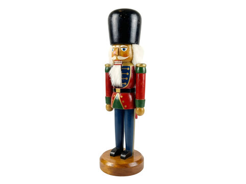 Vintage wooden nutcracker soldier illustration, traditional Christmas nutcracker figurine, hand-painted holiday toy soldier with red uniform isolated on Transparent Background