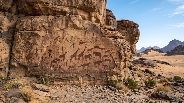 Ancient rock art showing hunters and animals in a desert landscape