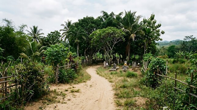 Dirt path leading to a peaceful rural tropical cemetery