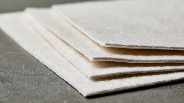 Stacked white felt sheets with textured surface  arranged diagonally on a gray background  showcasing material detail and clean minimalist