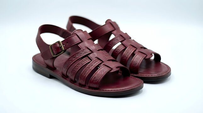 Burgundy leather strappy sandals with buckle closure and dark sole