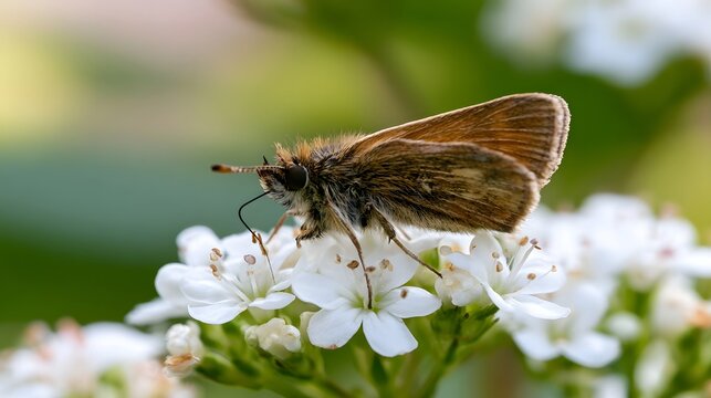A small brown butterfly perches delicately on a cluster of tiny white flowers  surrounded by soft green foliage