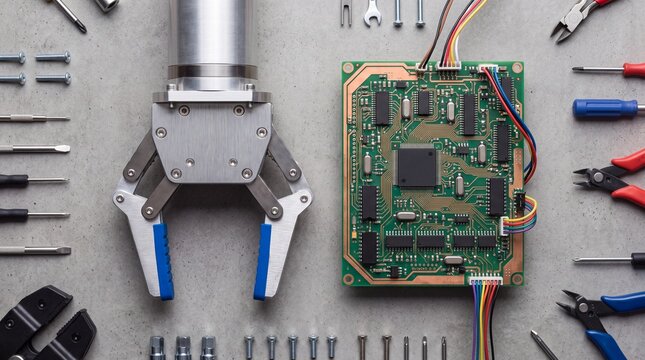 Robotic gripper holding green circuit board during electronics repair or assembly process