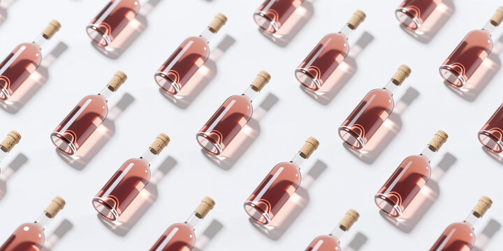 A repeating pattern of rose wine bottles, filled and corked, in a diagonal orientation, with soft shadows on a white background.