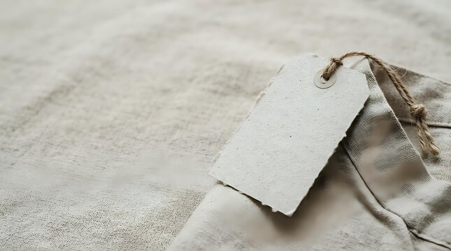 Blank white price tag with twine attached to natural linen fabric