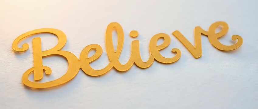 Believe word in gold metallic script lettering on white background