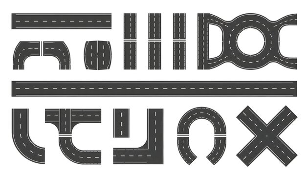 Modular asphalt road tracks element kit, isolated on white.