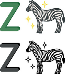 Naklejka premium Letter Z and Zebra. Colored and Line Vector Illustrations. English Letter for Preschoolers with Pictures. Illustrations for a Coloring Book. Education and Learning Concept