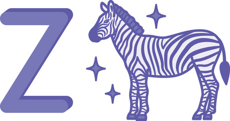 Naklejka premium Purple Letter Z and Zebra. Vector Illustration. English Letter for Preschoolers with Pictures. Education and Learning Concept